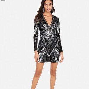 EXPRESS Sequined Geometric Print Long Sleeve Dress
